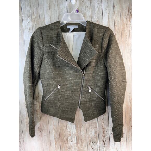 H&M Moto Jacket Womens 2 Olive Green Tweed Asymmetrical Zip Cropped Blazer - Picture 2 of 7